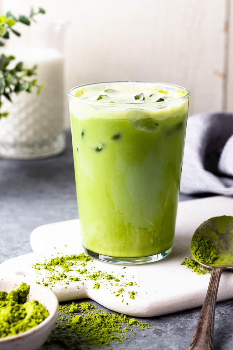 Starbucks copycat matcha latte over ice in a glass