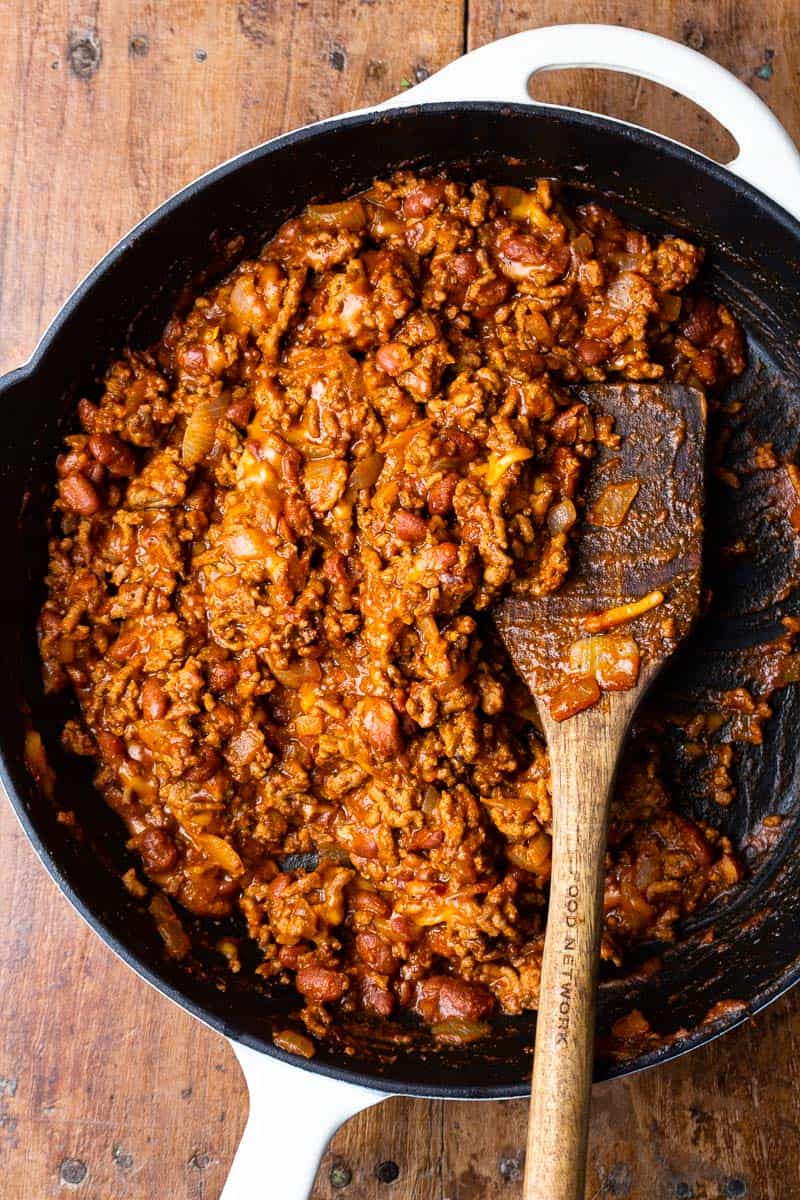 chili cheese sloppy joe meat in a skillet