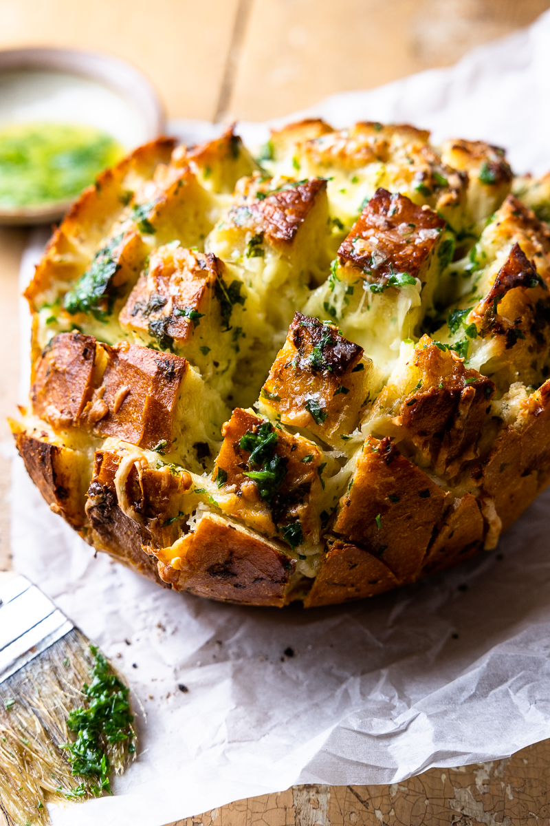 cheesy garlic pull apart bread brushed with butter