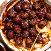 bourbon bbq bison meatballs in a skillet