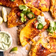 crispy chicken fajita tacos served with avocado crema and salsa