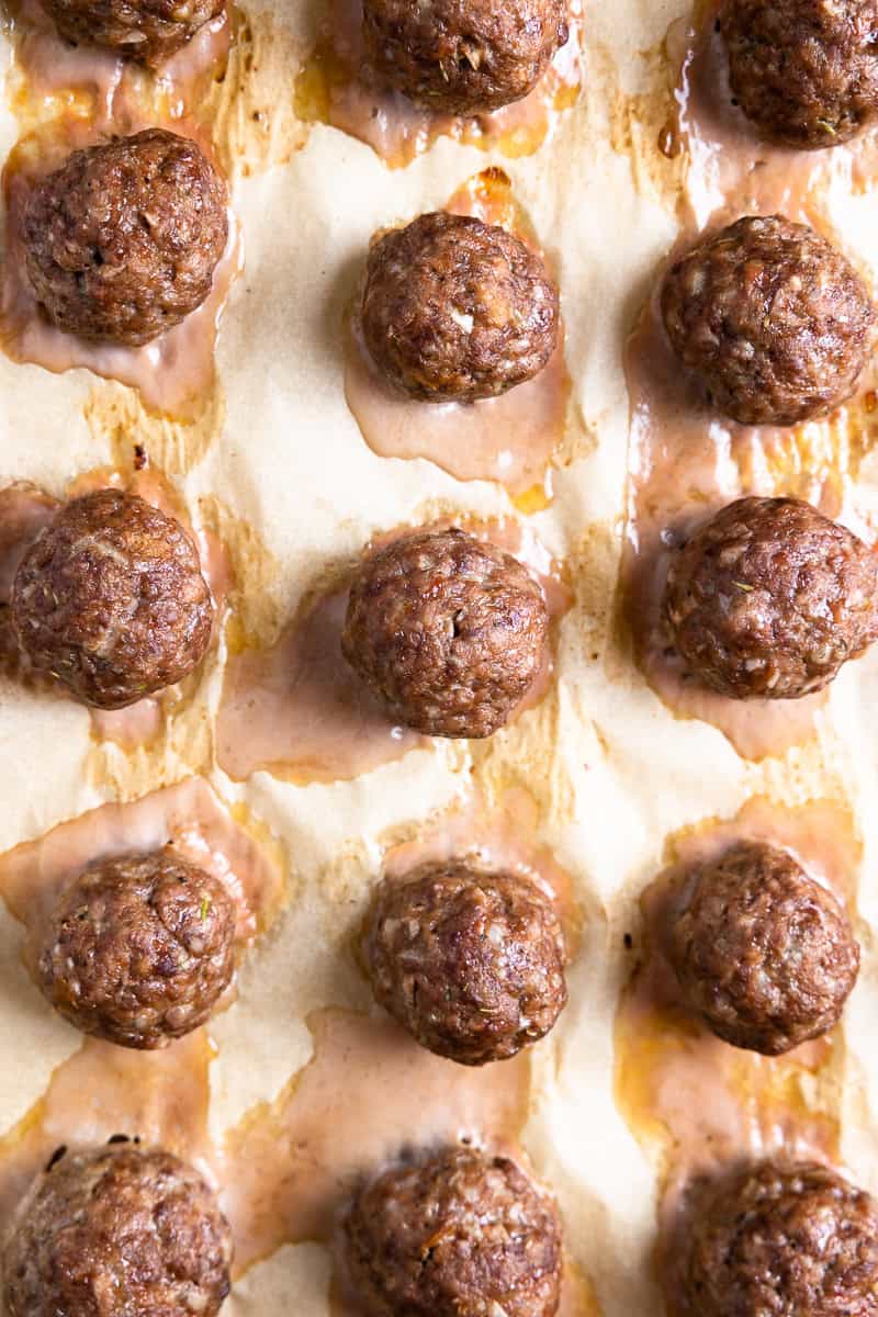 baked venison meatballs on a sheet pan