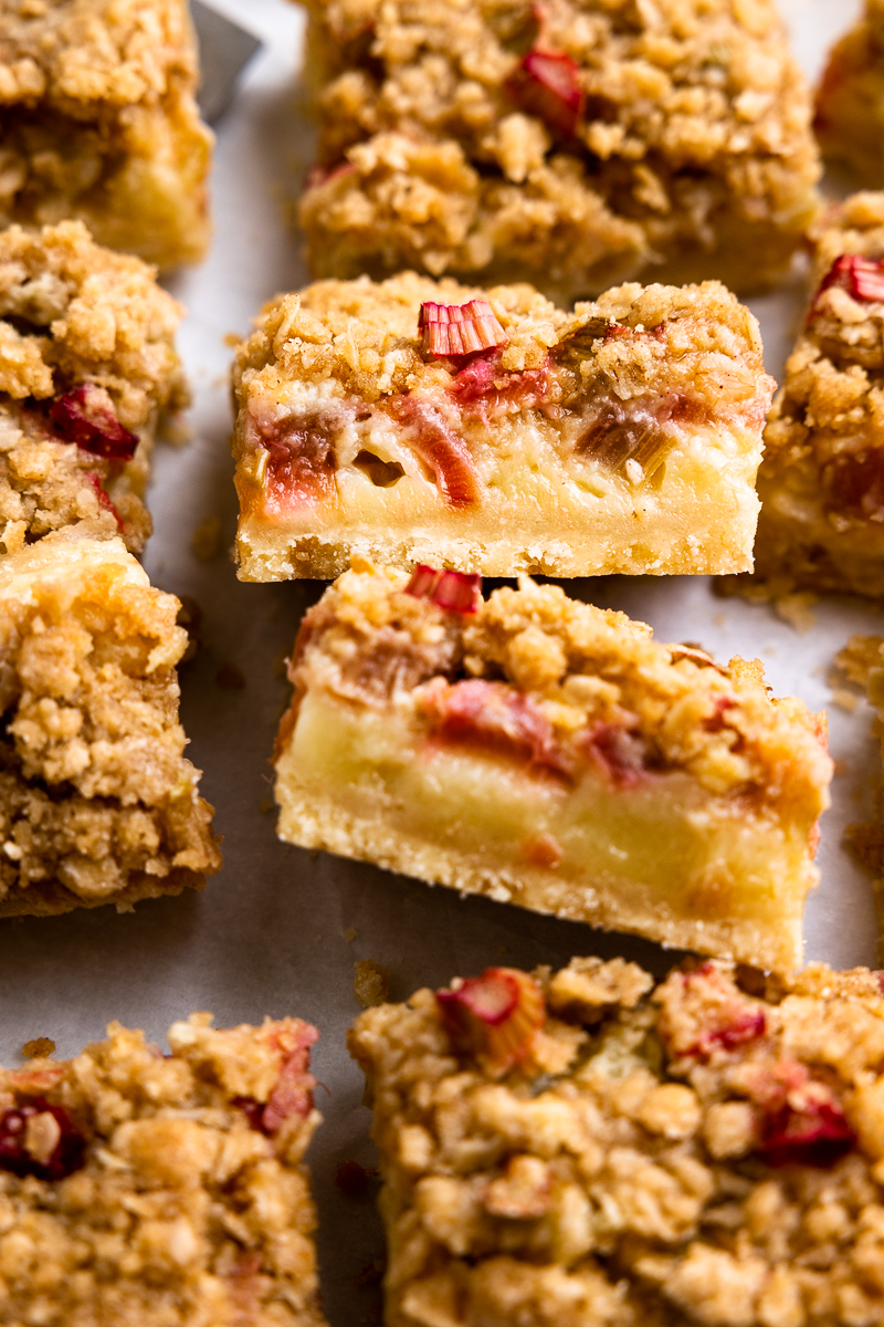 rhubarb bars leaning on the side