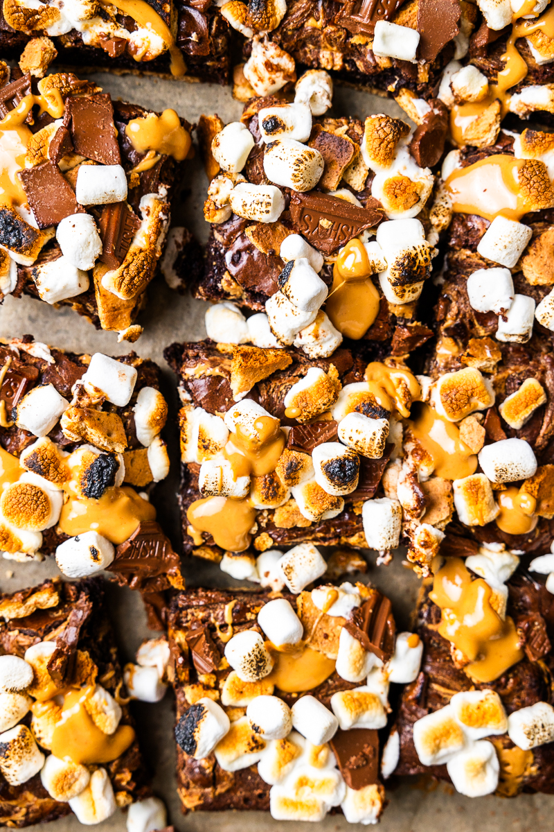 close up of s'mores brownies cut into squares