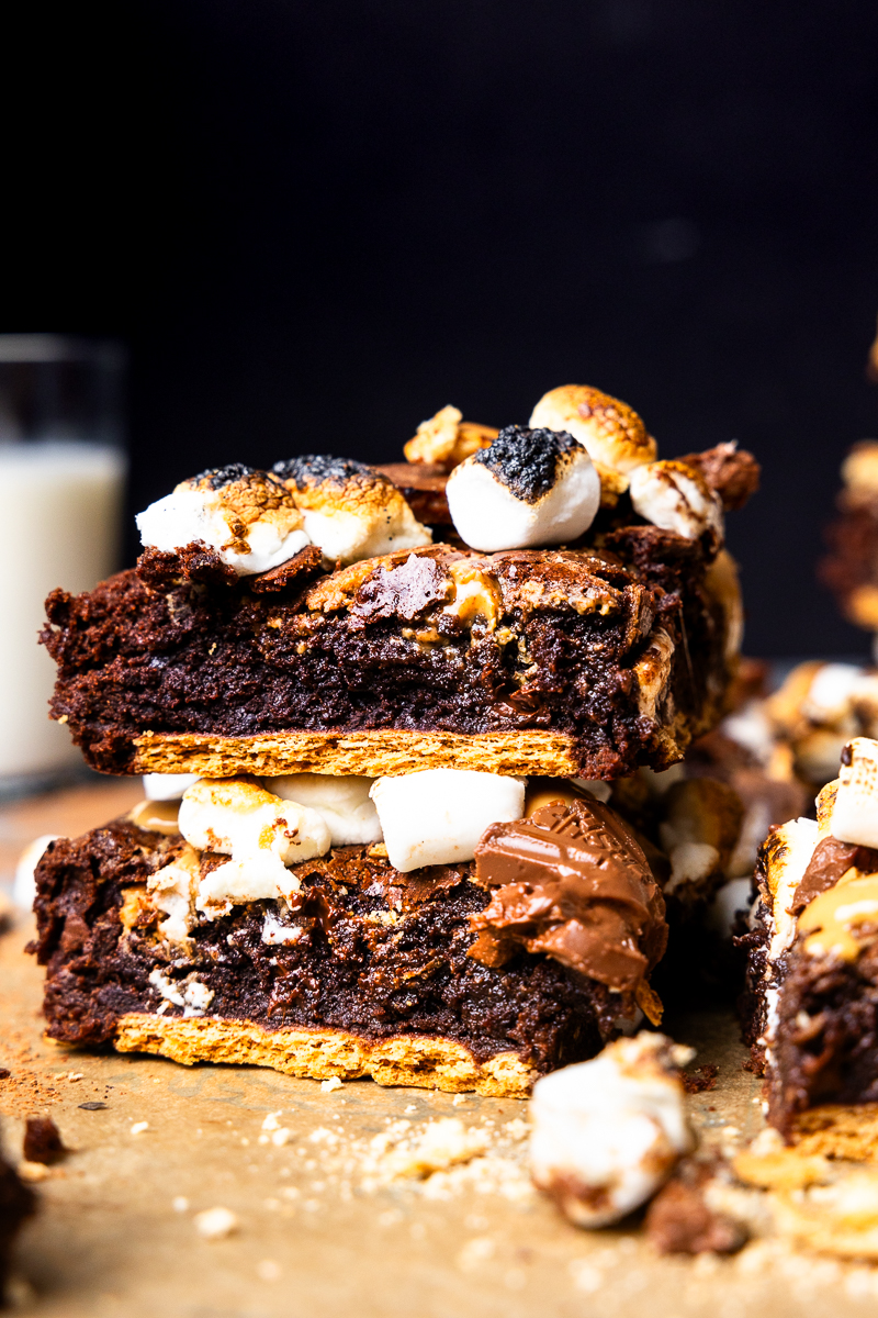 two s'mores brownies stacked