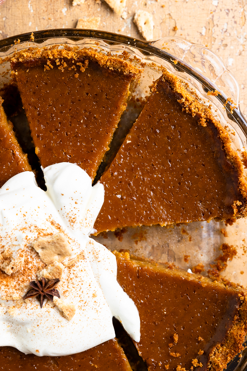 sliced pumpkin pie topped with whipped cream