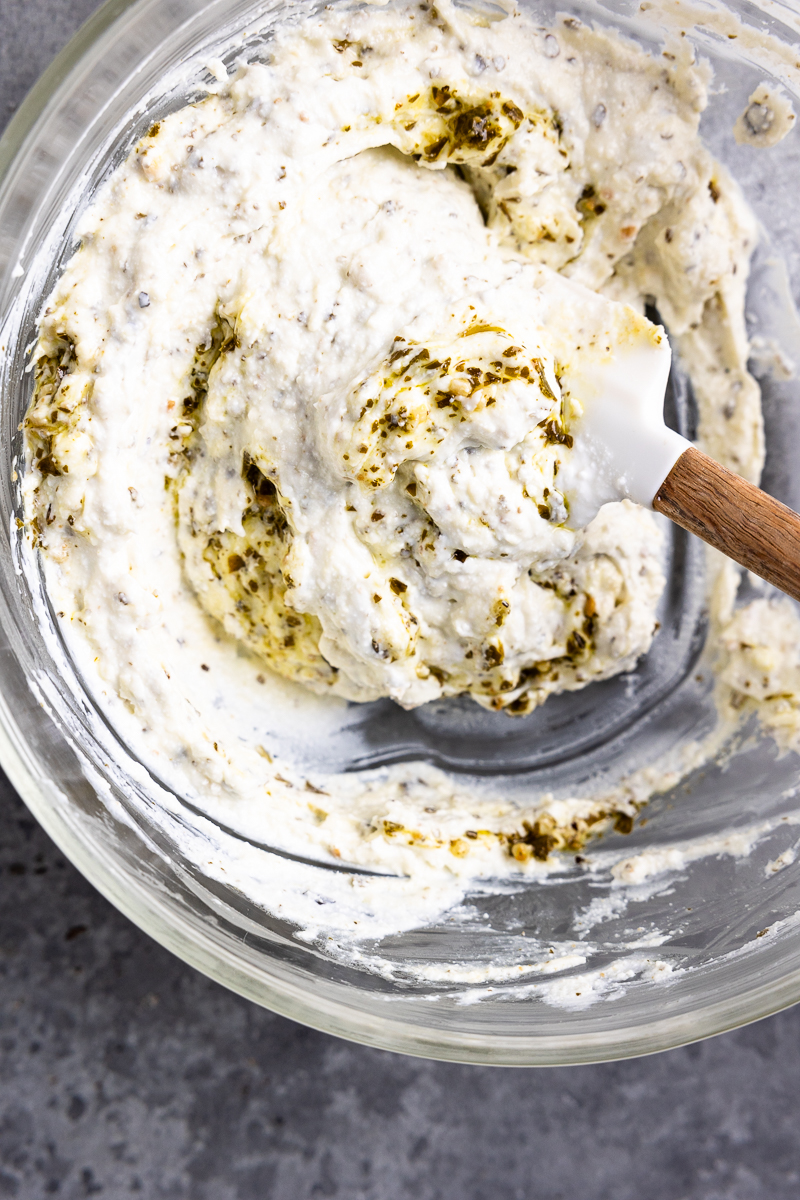 Whipped cottage cheese mixed with mozzarella, parmesan and pesto