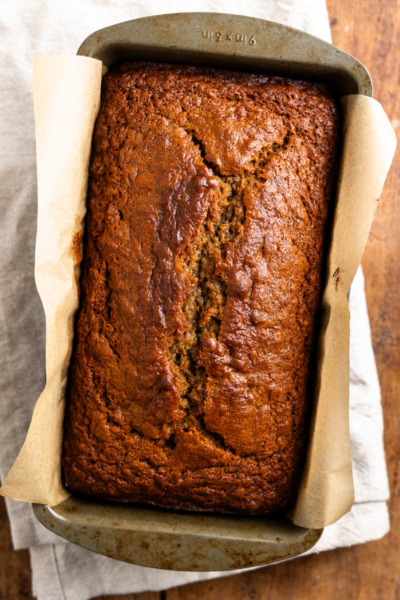 Baked banana bread in a loaf pan
