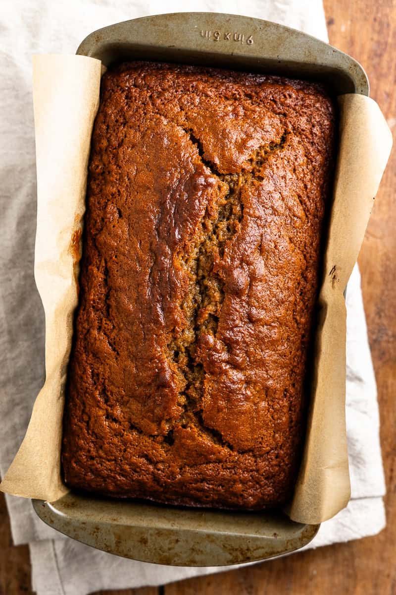 Baked banana bread in a loaf pan