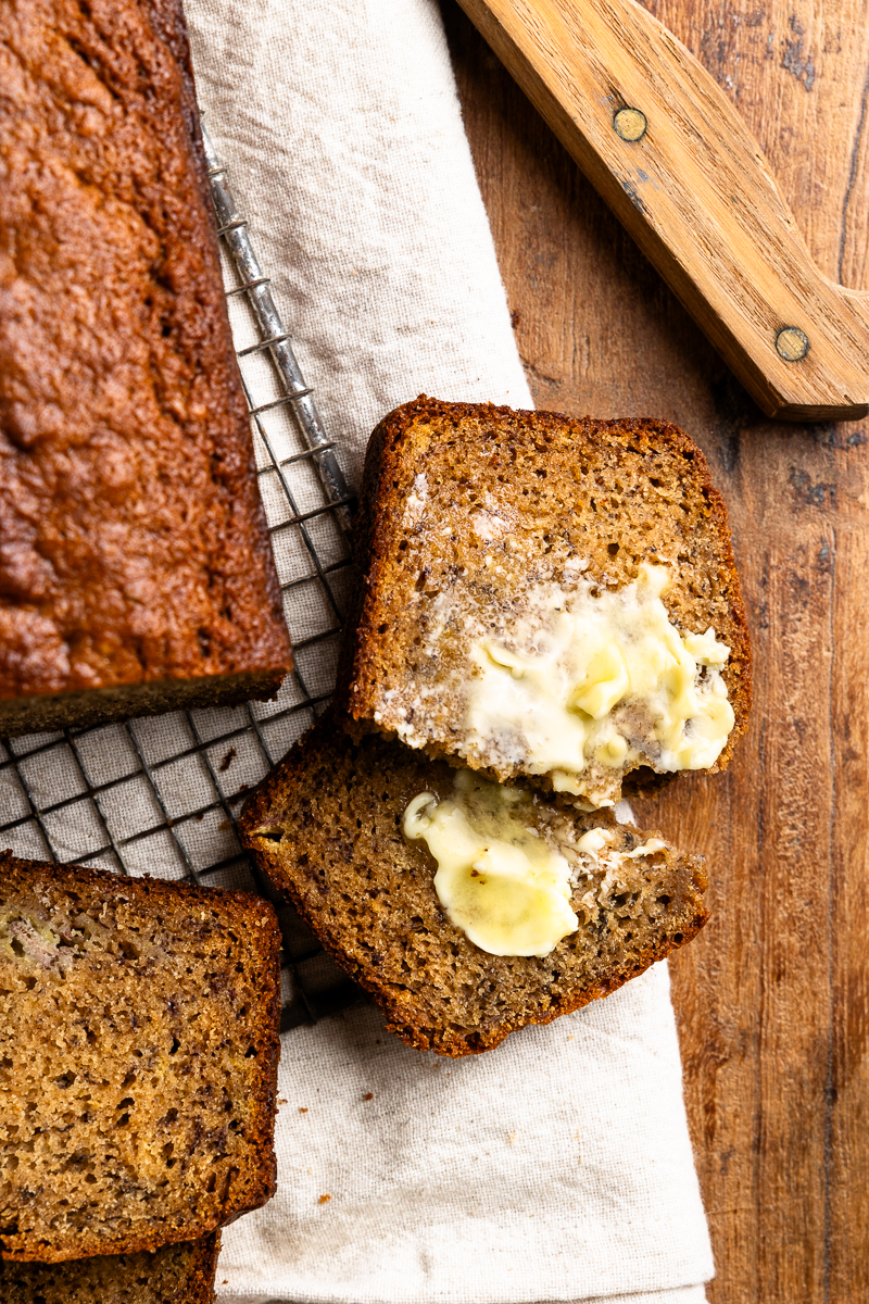 slice of banana bread spread with butter