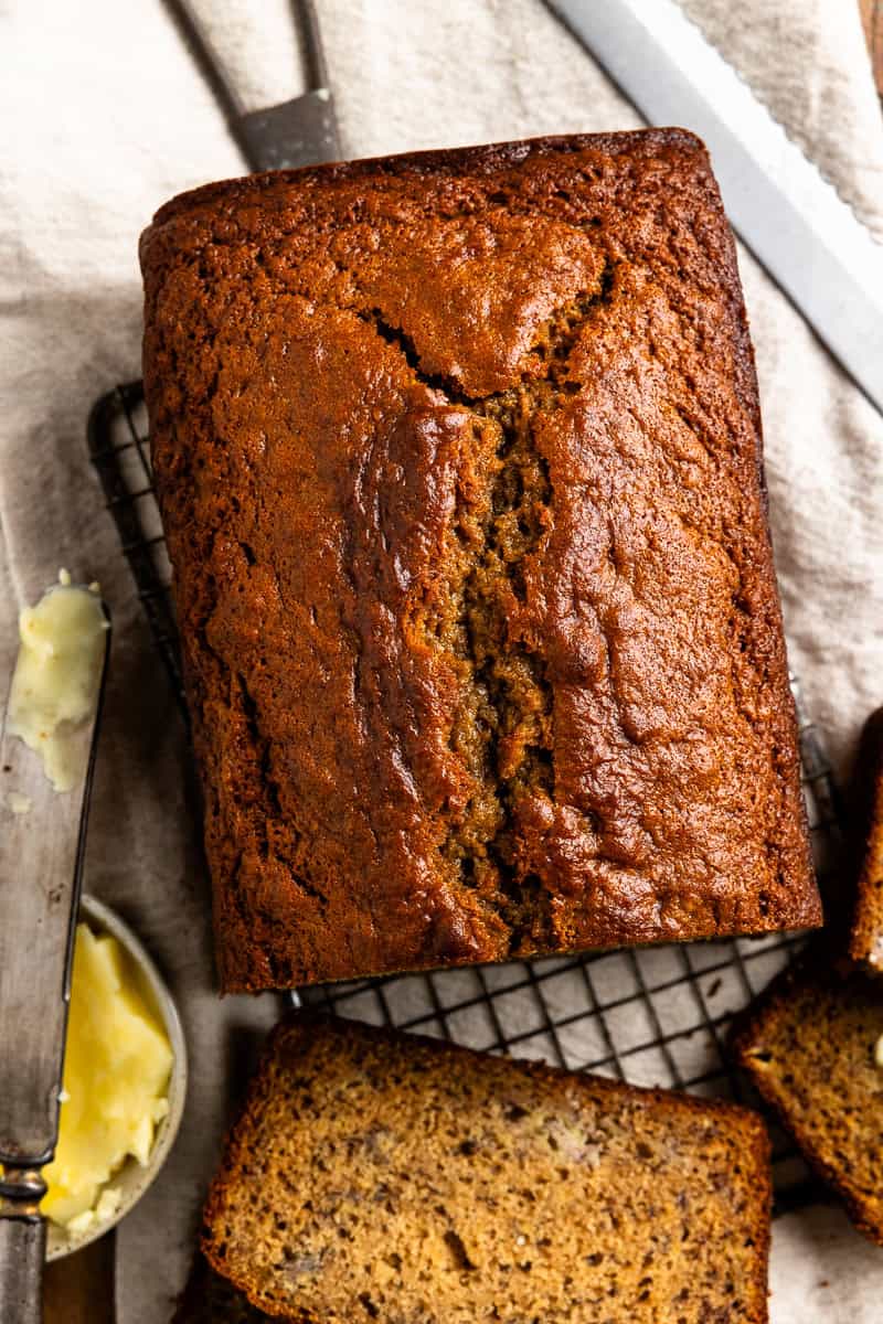 close up of top of banana bread