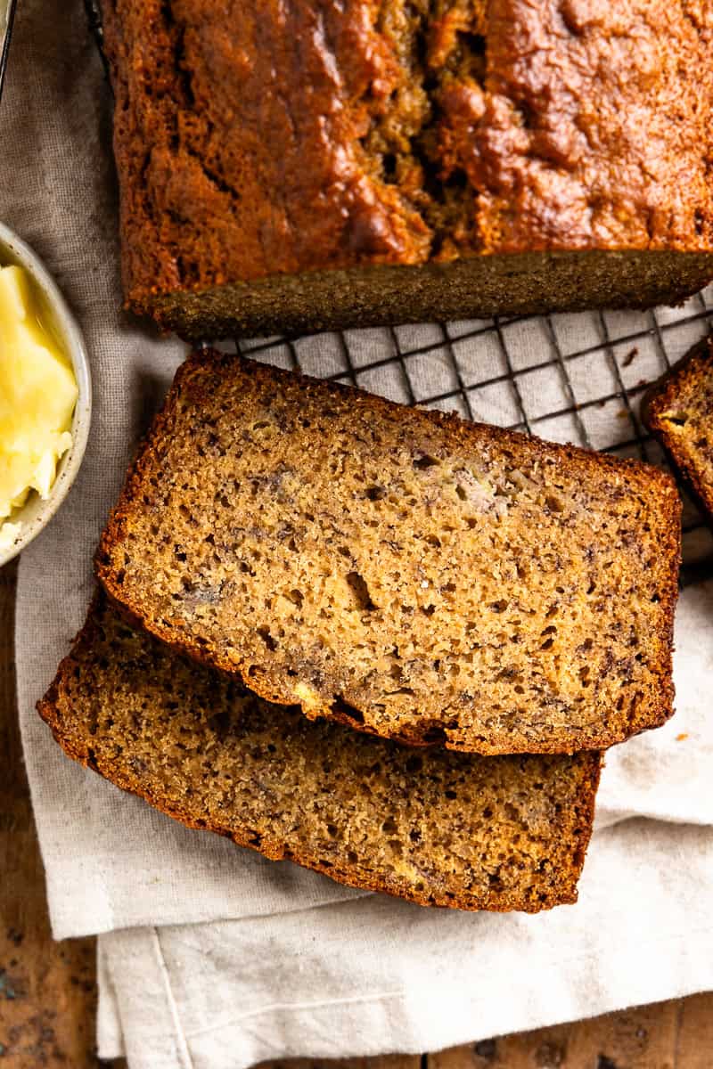 close up of sliced banana bread