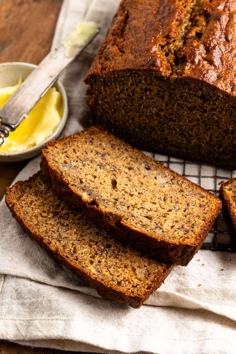 side angle of sliced banana bread