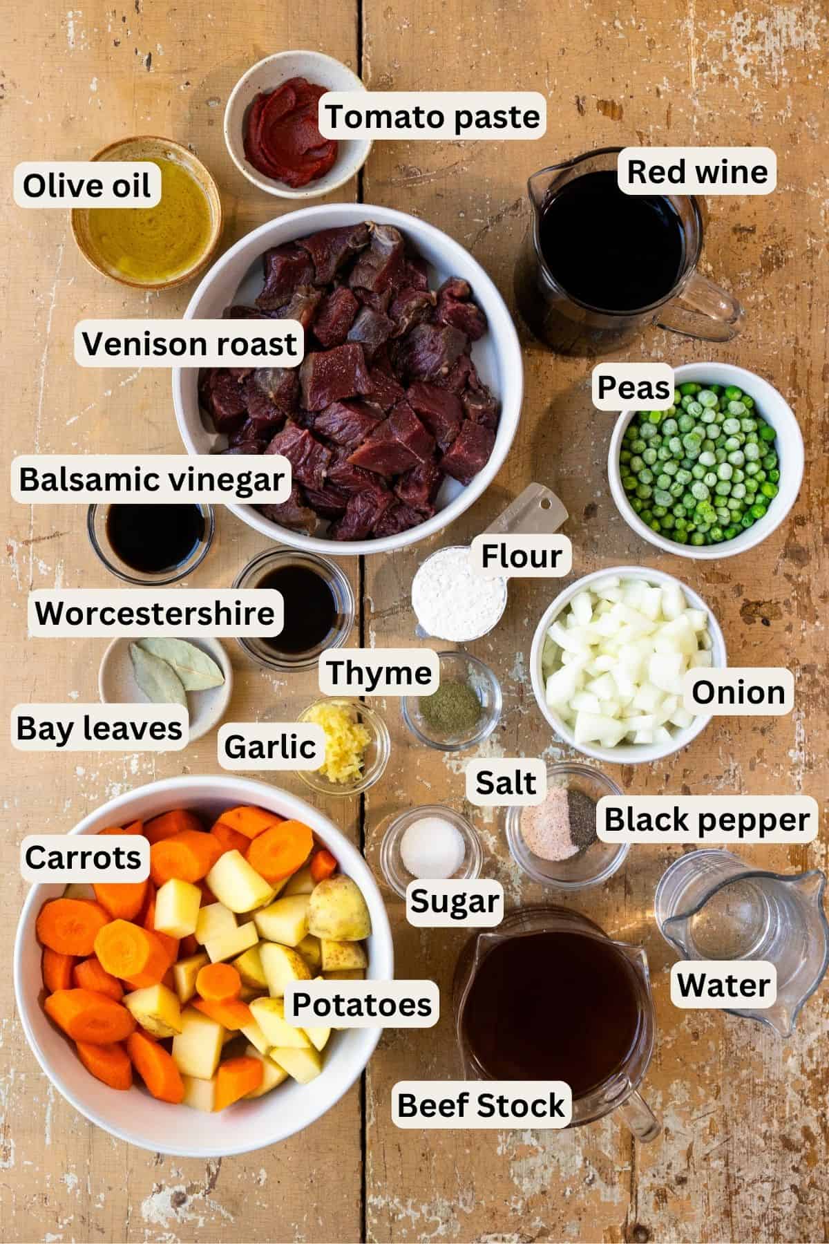 All ingredients needed to make venison stew.