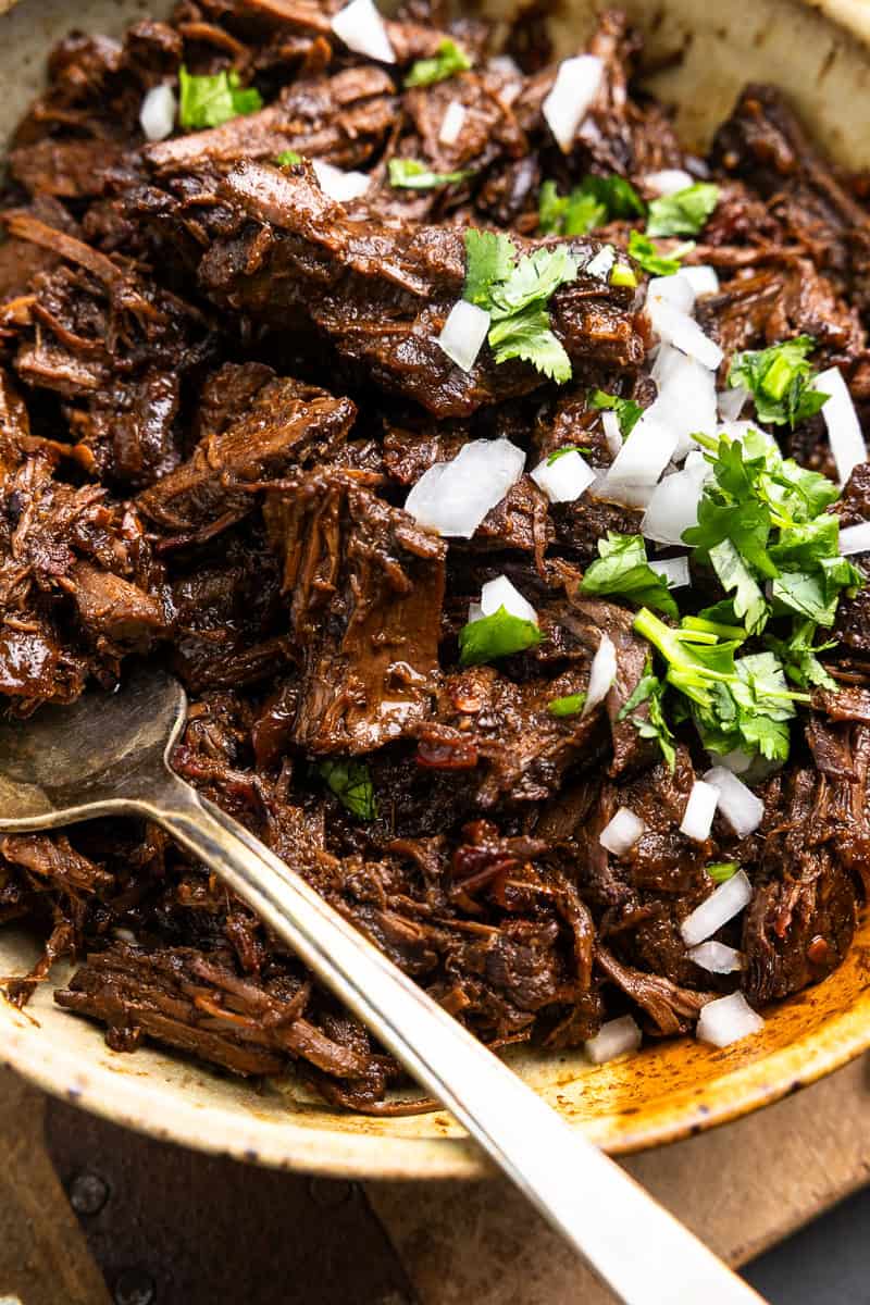 Mexican shredded venison in serving bowl and garnished with diced onion and chopped cilantro.