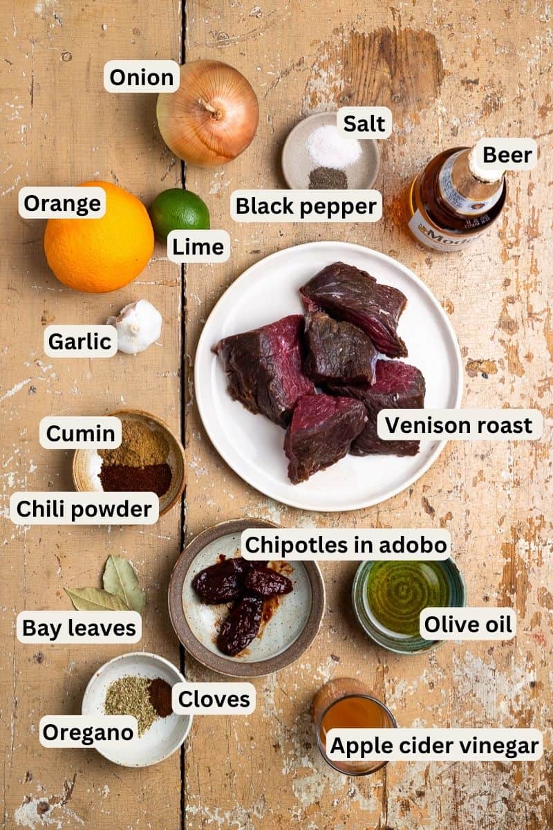 All ingredients needed to make venison barbacoa.