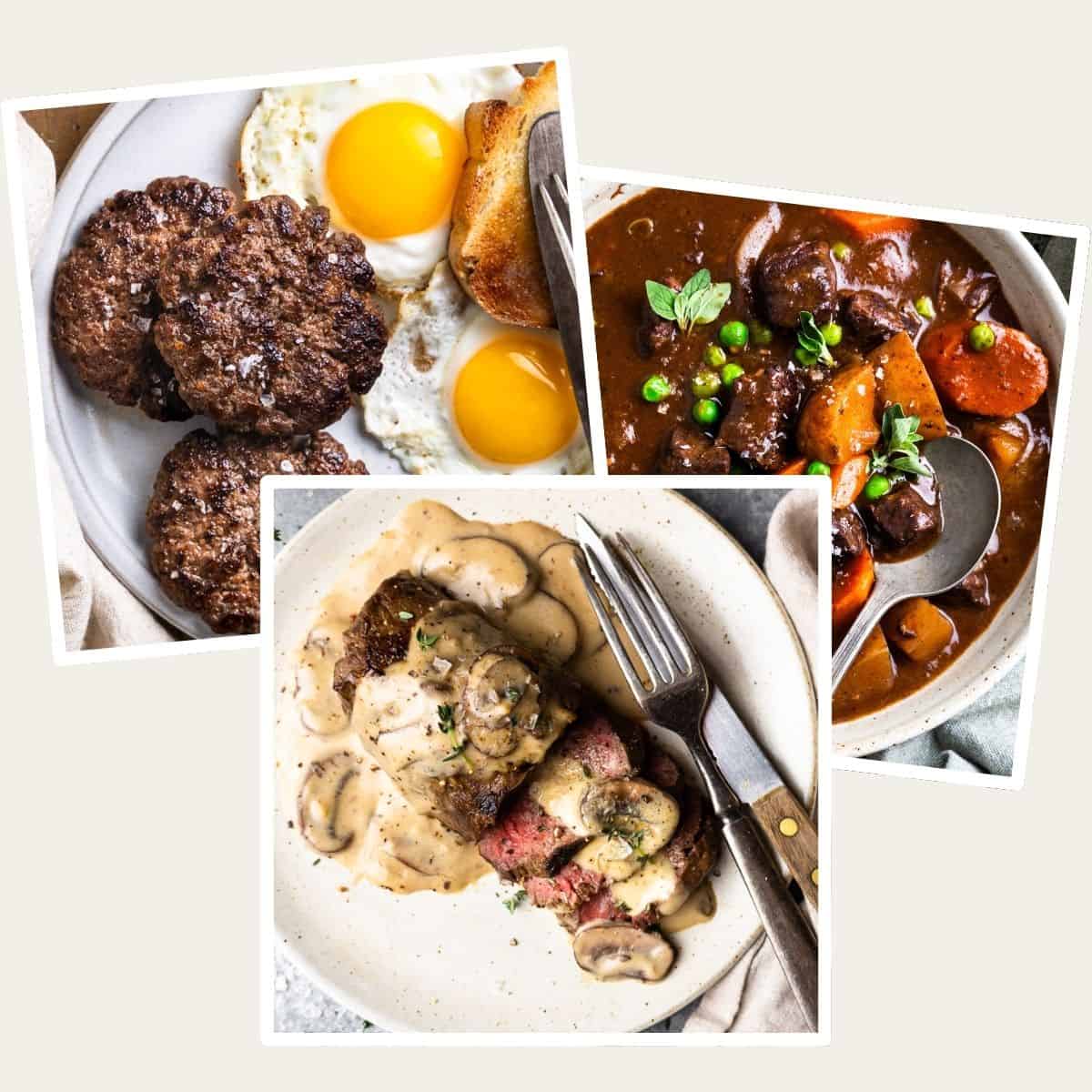 Three images of venison recipes: stew, steak and breakfast sausage.