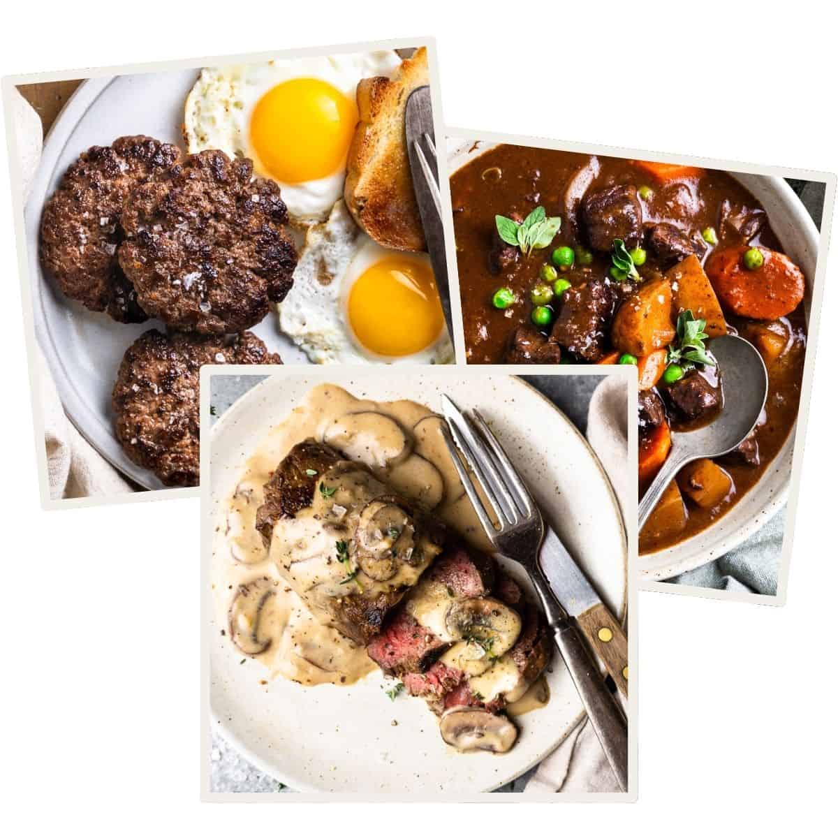 Three images of venison recipes: stew, steak and breakfast sausage.