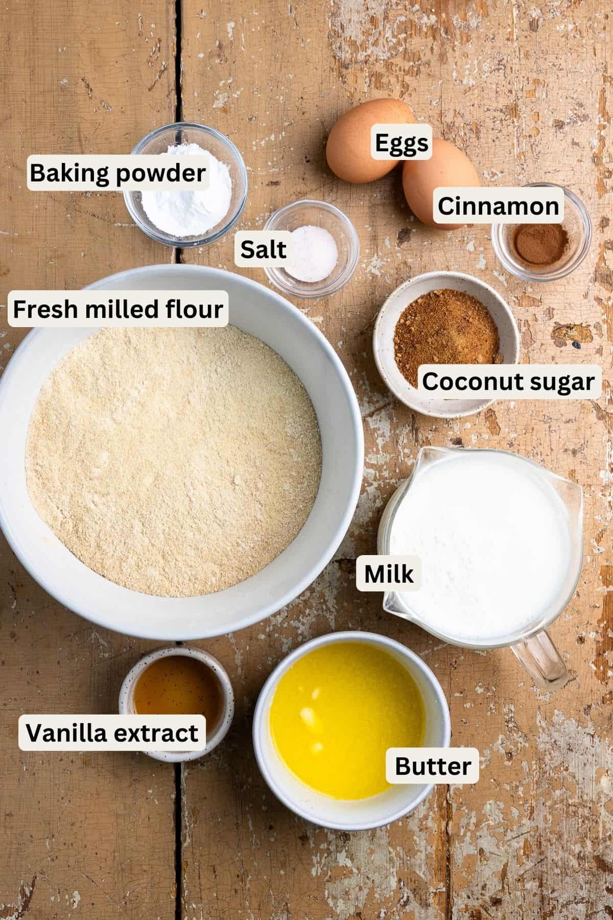 All ingredients needed to make fresh milled flour pancakes.