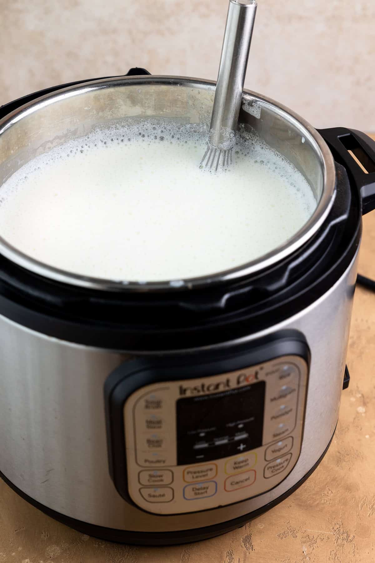 Whisking yogurt starter into milk in the Instant Pot.