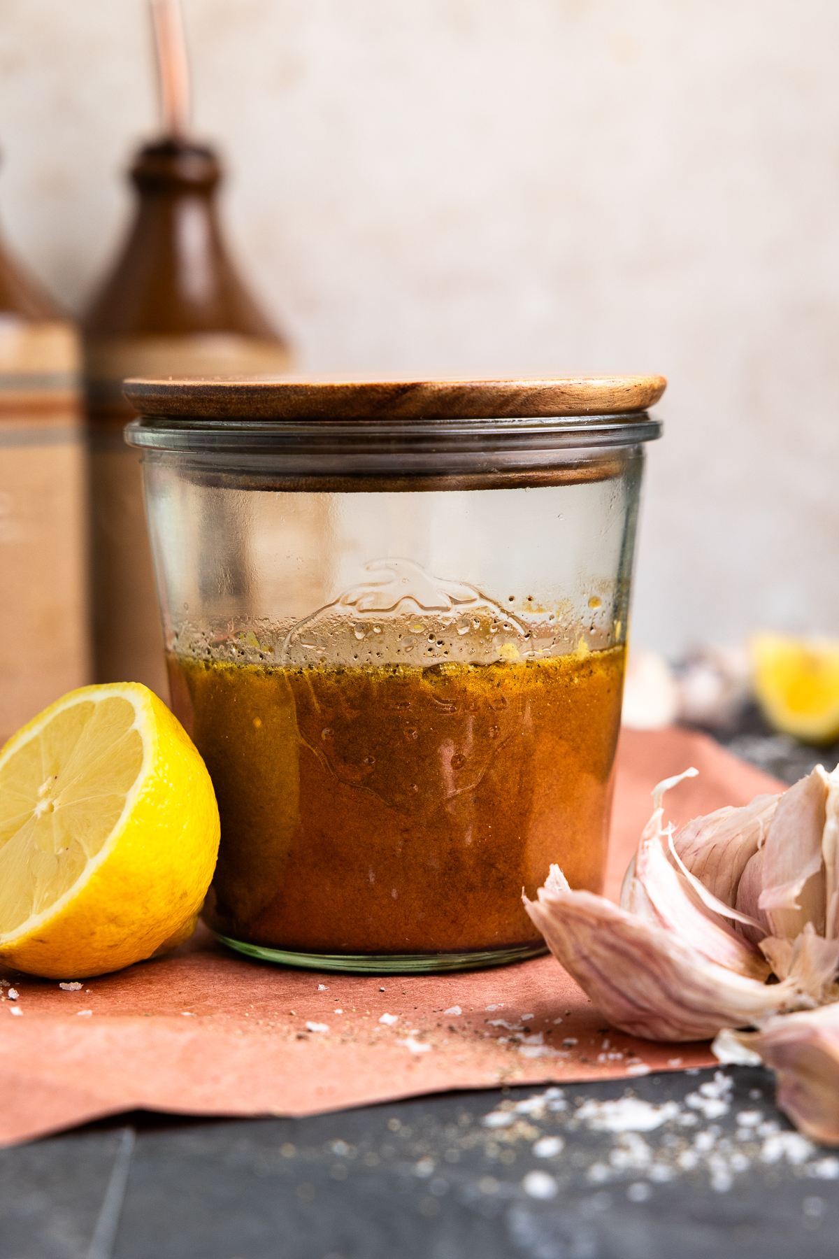 Venison marinade in a jar with a lid.