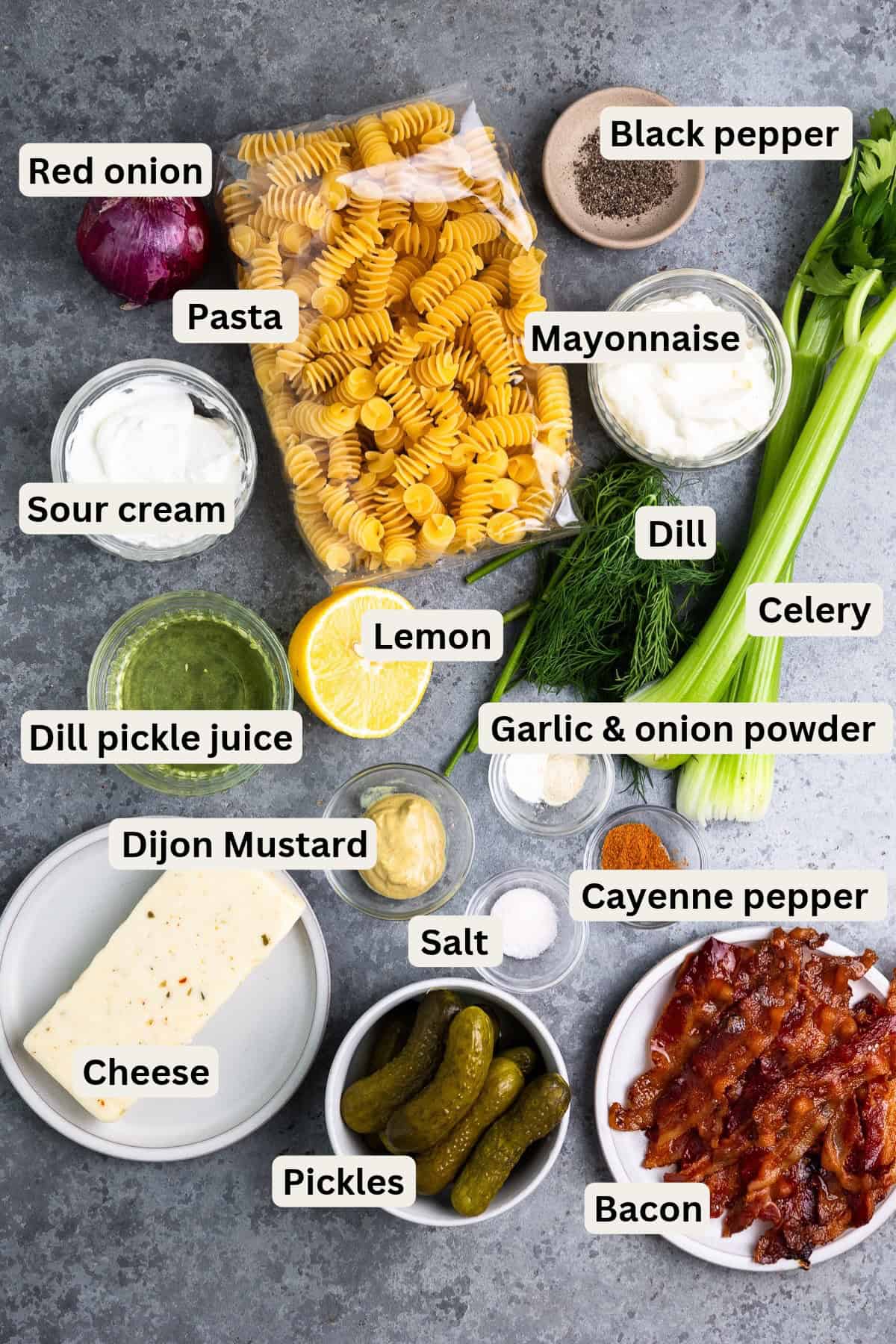 Ingredients for dill pickle pasta salad.